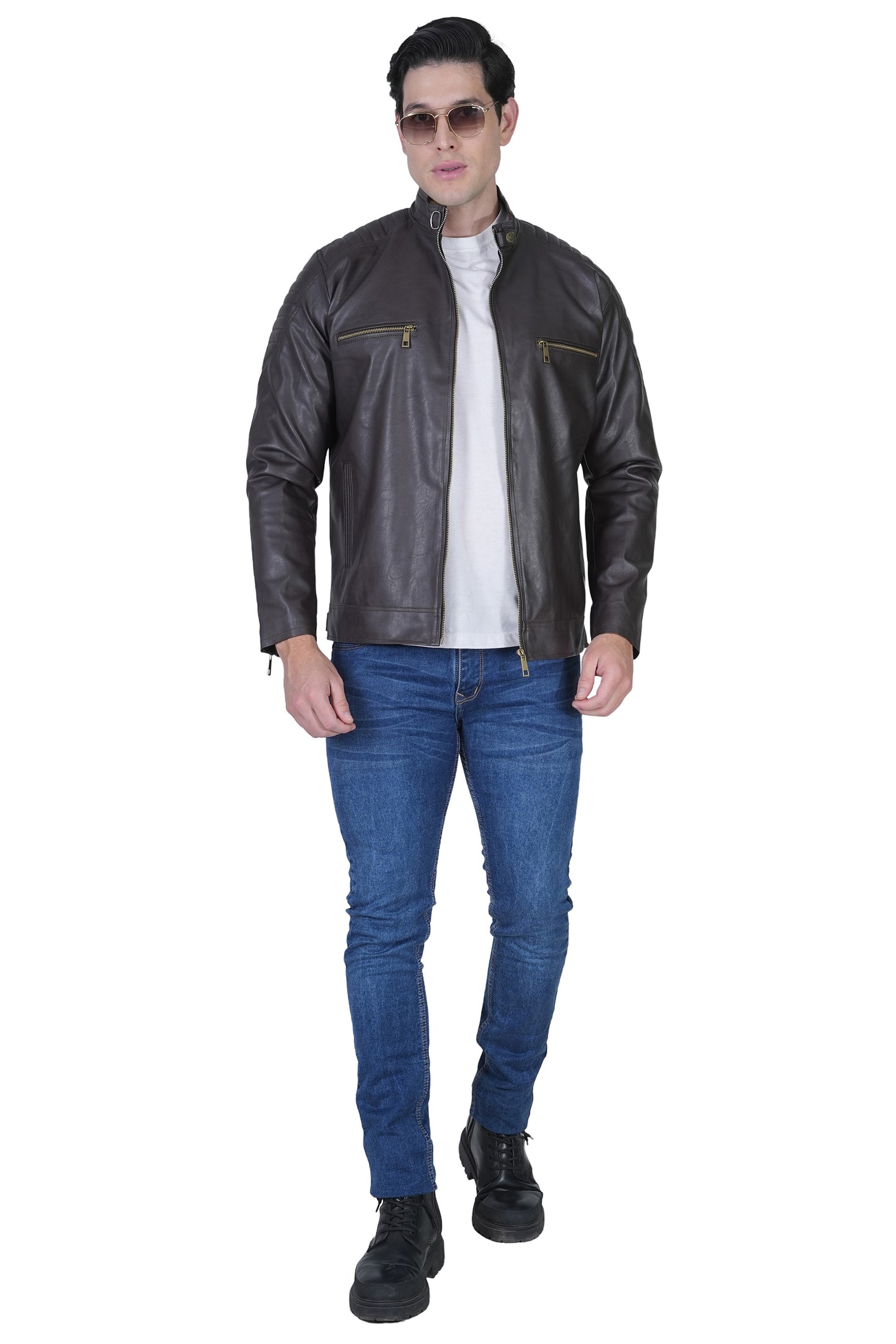 Bold Union Men's Solid Regular Faux Leather Jacket, Coffee Brown