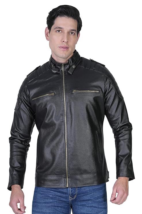 Bold union Men's Faux Leather Collar Belt Jacket