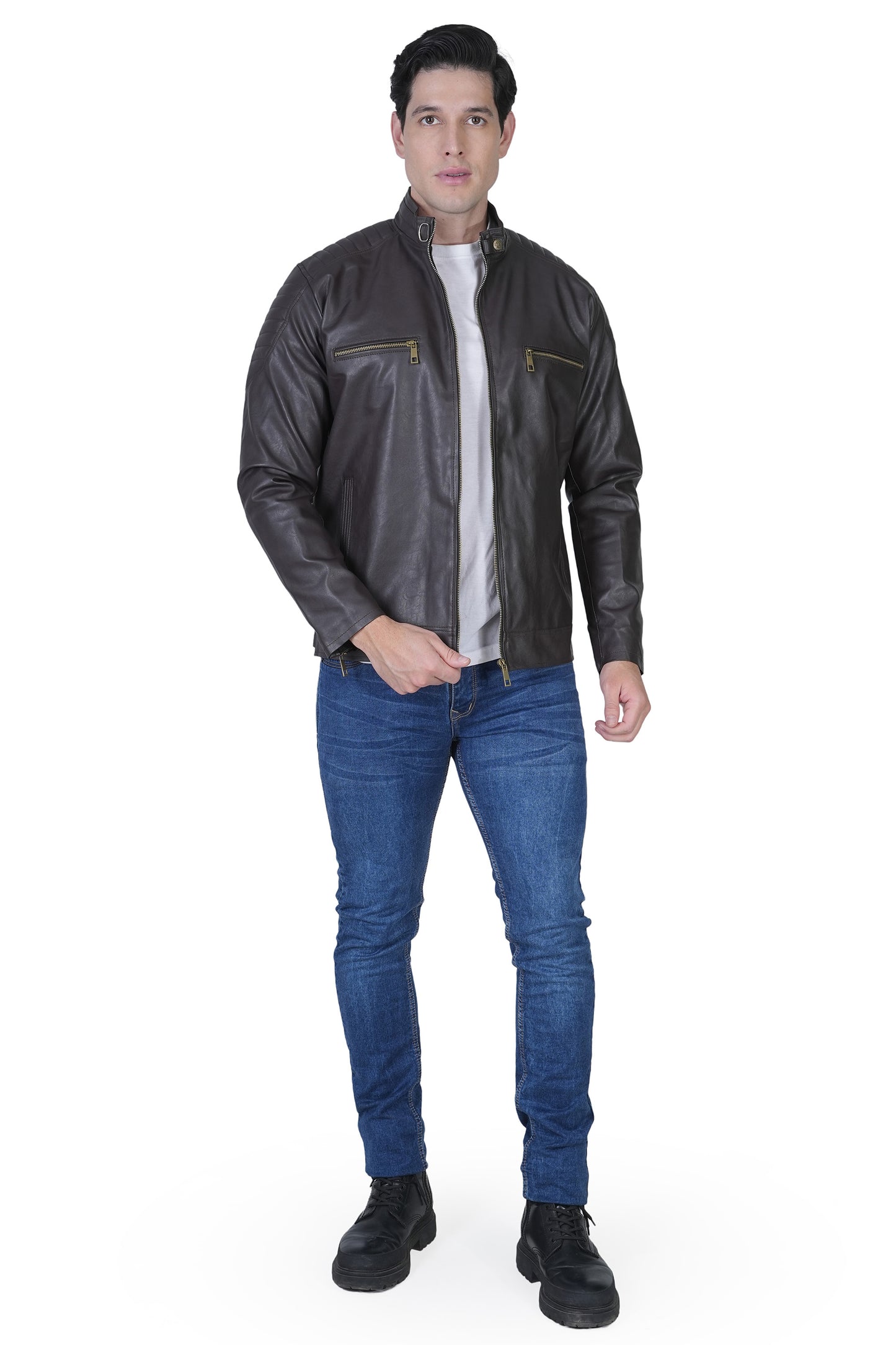 Bold Union Men's Solid Regular Faux Leather Jacket, Coffee Brown