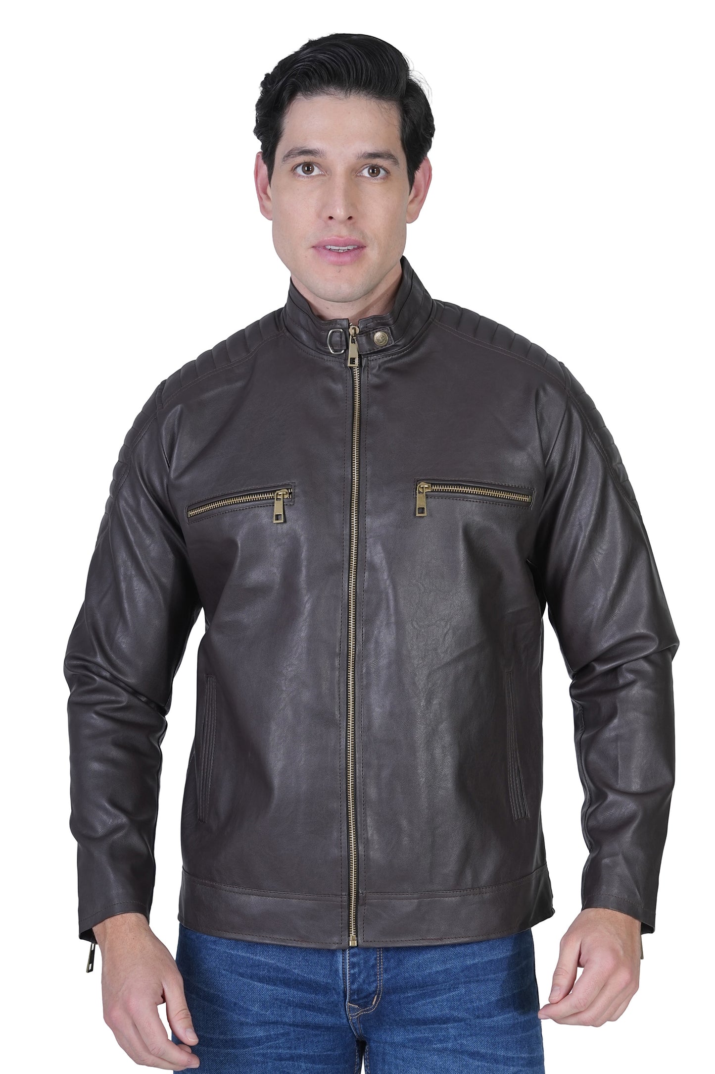 Bold Union Men's Solid Regular Faux Leather Jacket, Coffee Brown