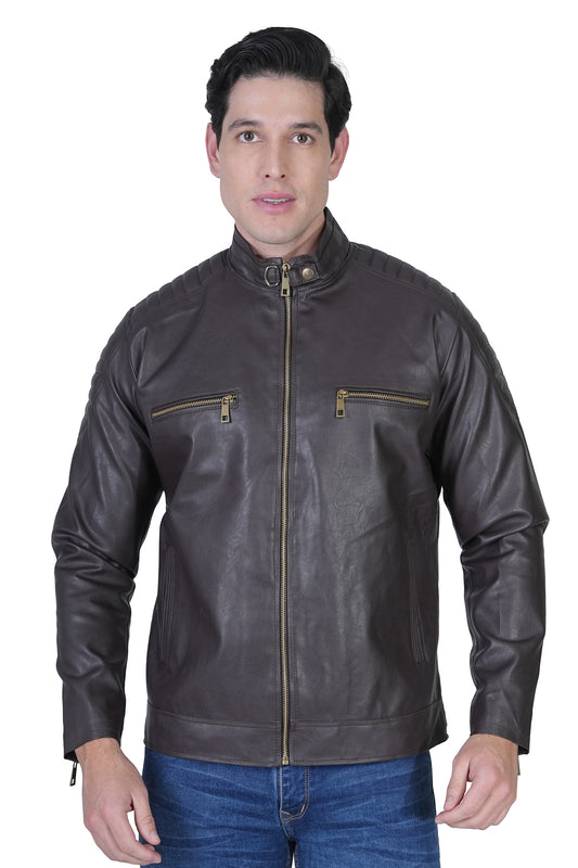 Bold Union Men's Solid Regular Faux Leather Jacket, Coffee Brown