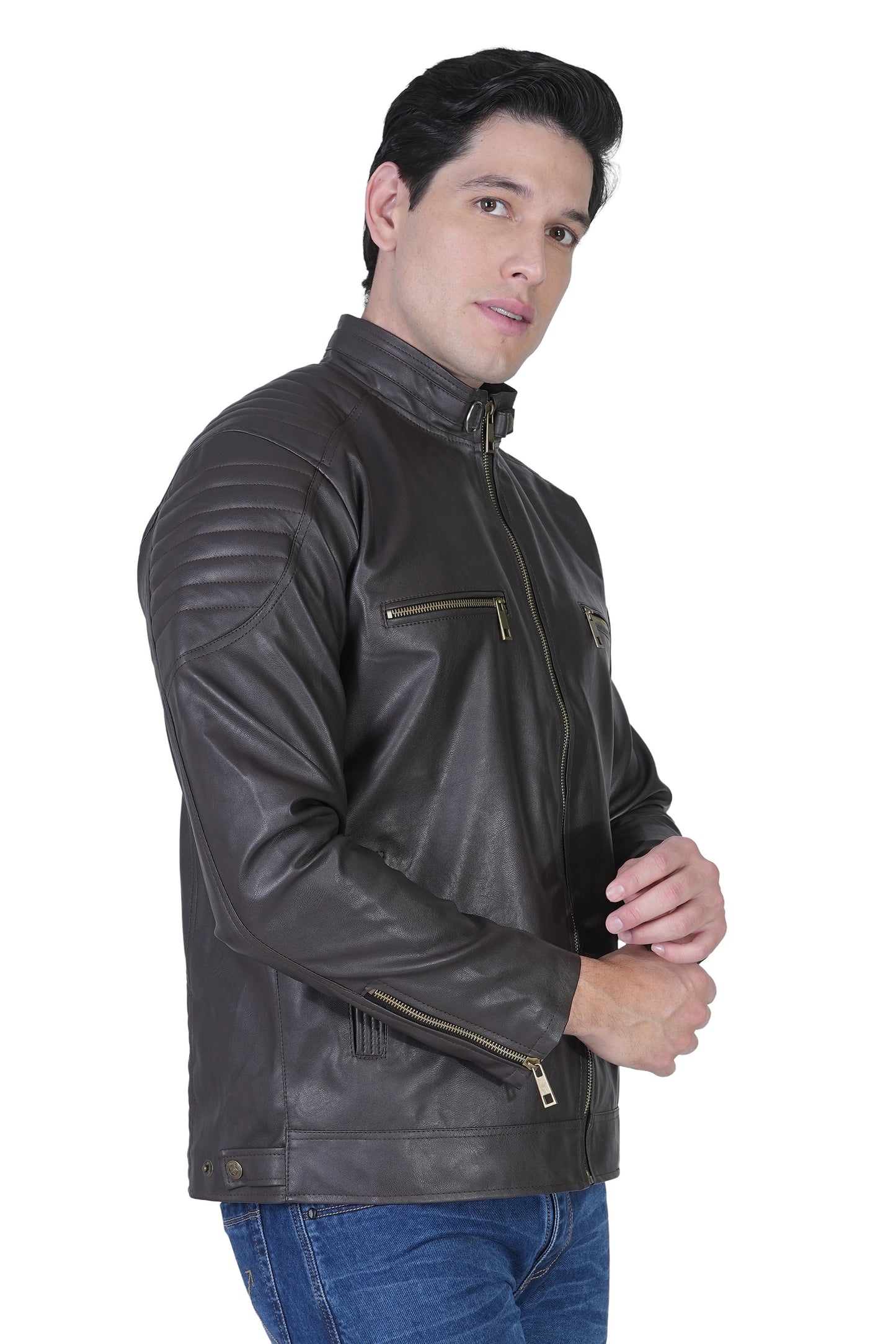 Bold Union Men's Solid Regular Faux Leather Jacket, Coffee Brown