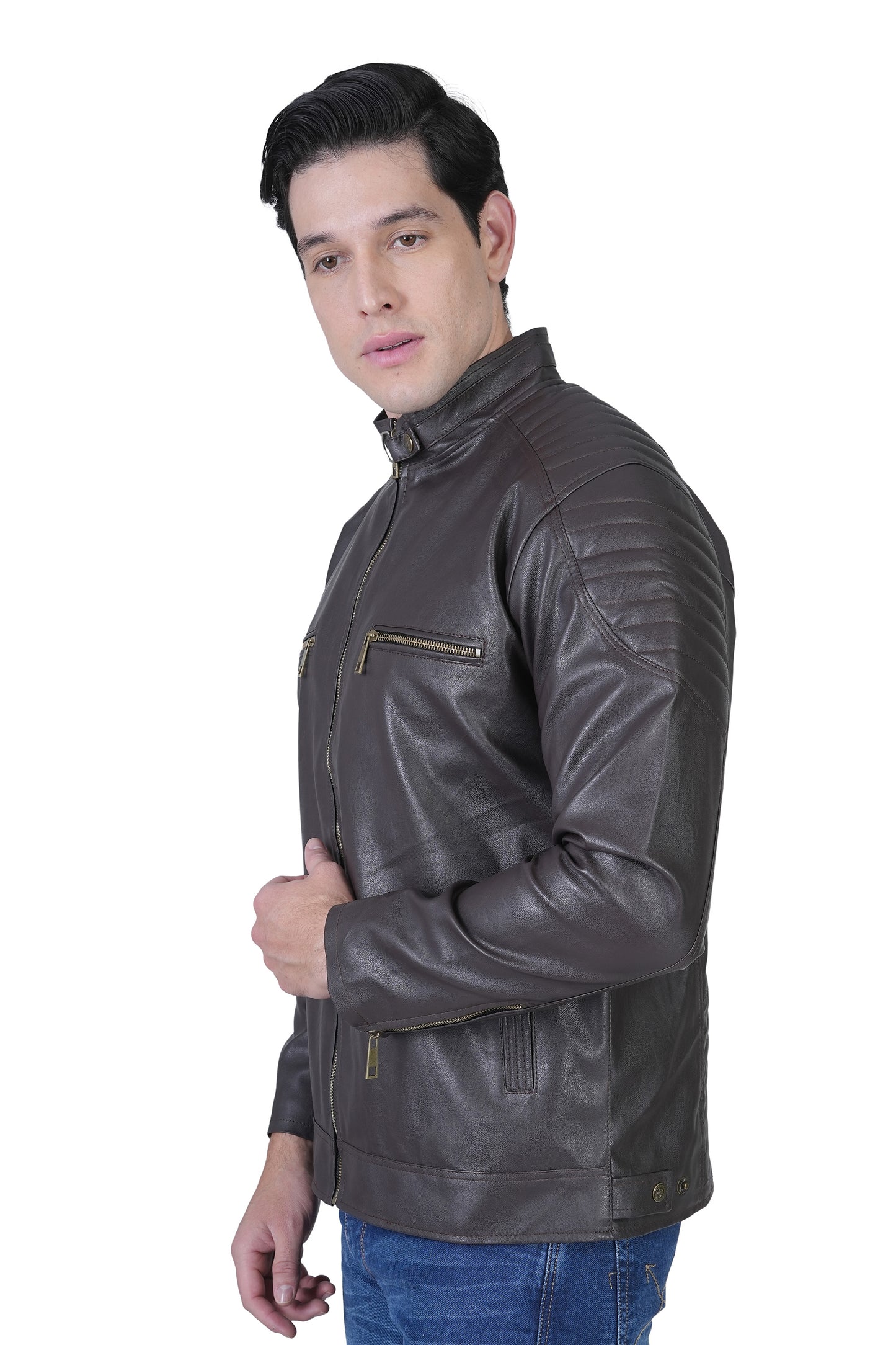 Bold Union Men's Solid Regular Faux Leather Jacket, Coffee Brown