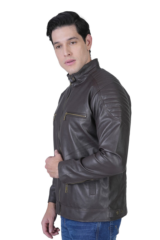 Bold Union Men's Solid Regular Faux Leather Jacket, Coffee Brown