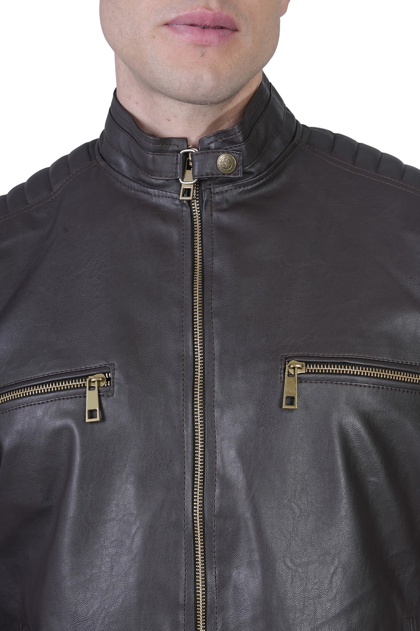 Bold Union Men's Solid Regular Faux Leather Jacket, Coffee Brown