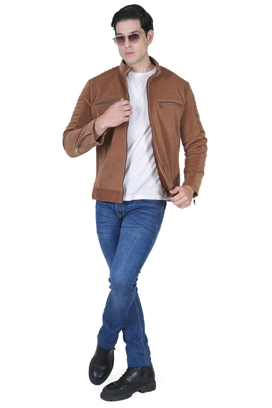 Men's Velvet Brown Faux Leather Biker Jacket